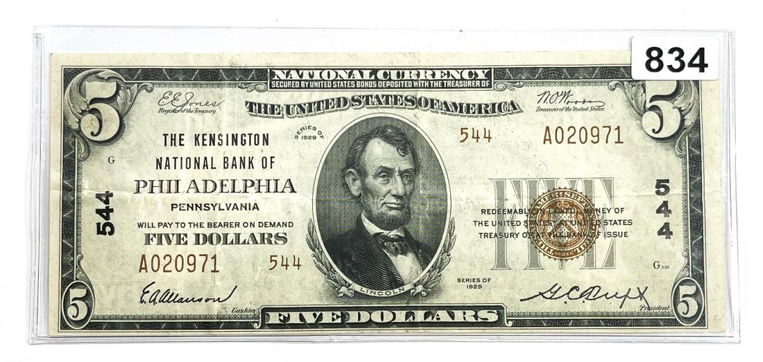 1929 $5 Philadelphia, PA National Bank Note (1 of 2)