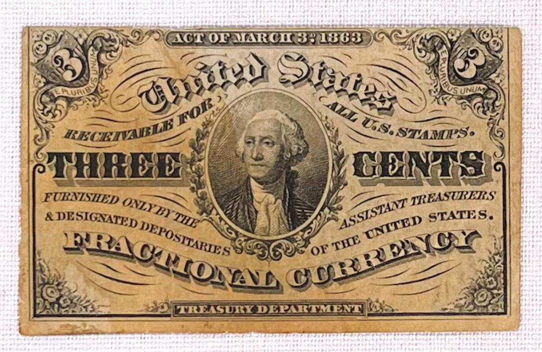 1863 US 3c Fractional Currency Note CLOSELY UNC (1 of 2)