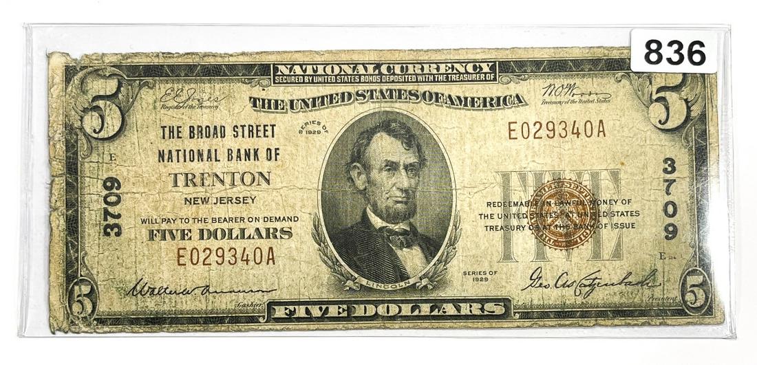 1929 $5 Trenton, NJ National Bank Note (1 of 2)