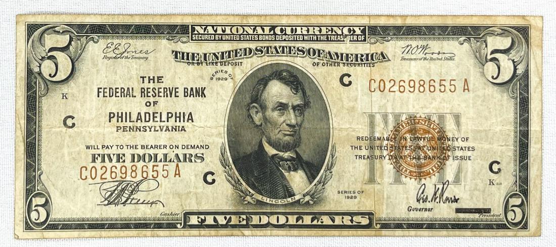 1929 $5 Philadelphia PA National Bank Note (1 of 2)