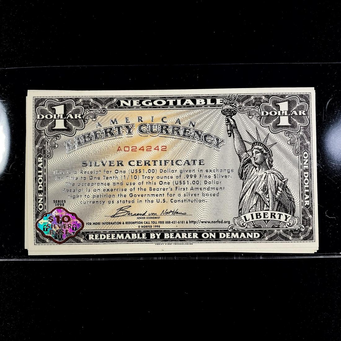 (5) 1998 $1 Liberty Currency Notes UNC (1 of 2)