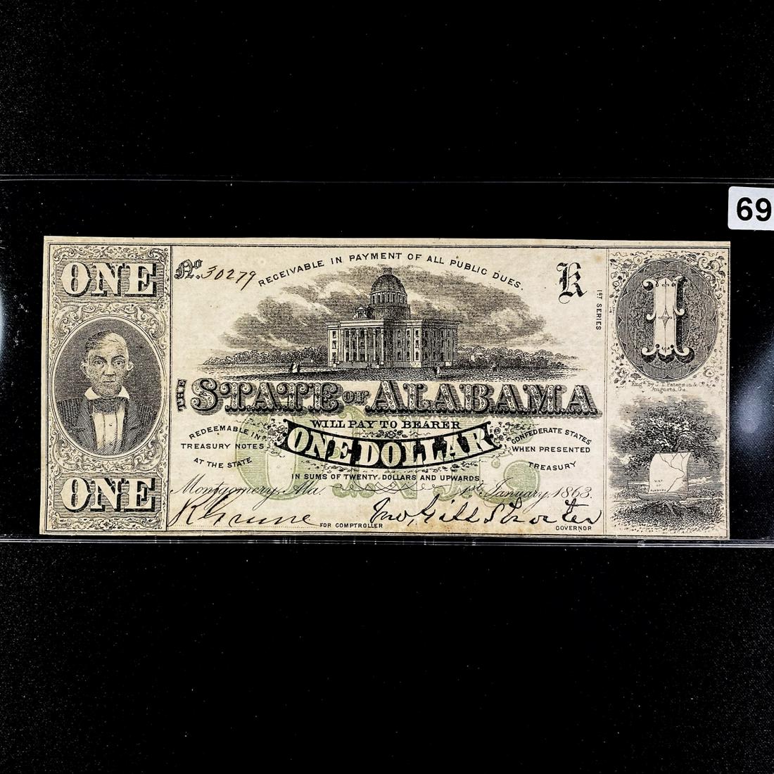 1863 $1 Dollar Note, STATE OF ALABAMA (1 of 2)