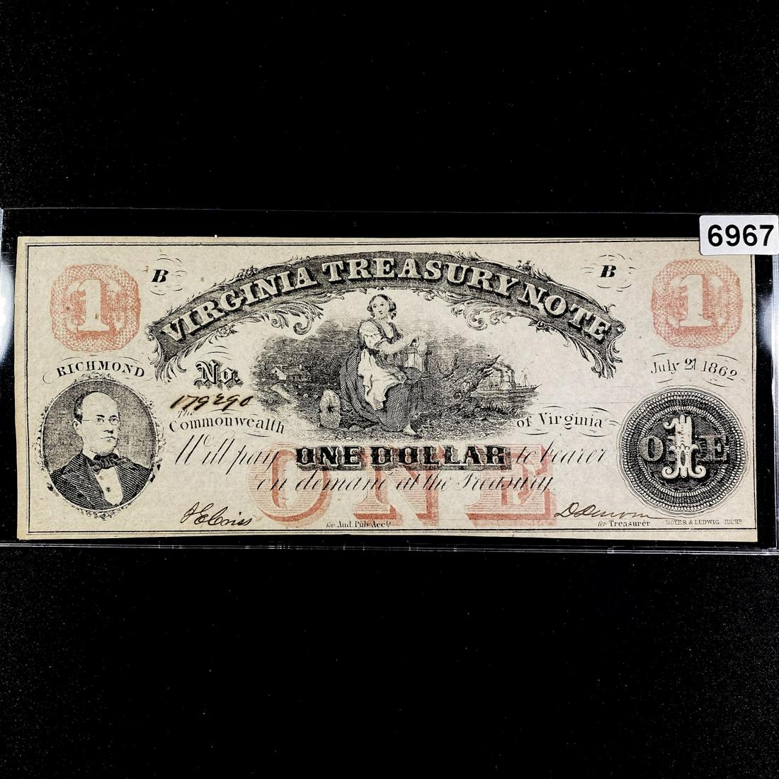1862 $1 Dollar Treasury Note Commonwealth Virginia (1 of 2)