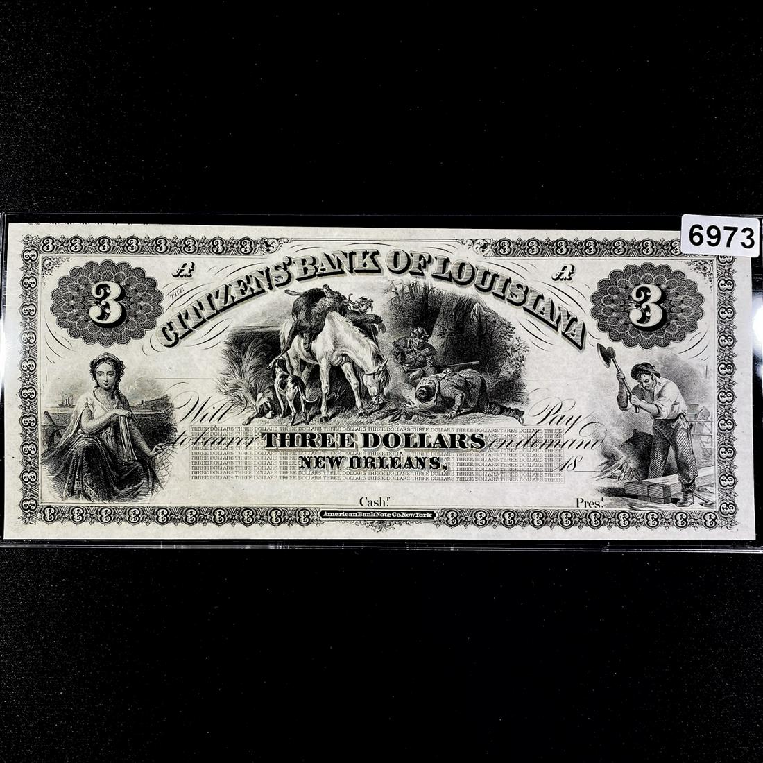 1800's $3 DOLLAR, CITIZEN'S BANK OF LOUISIANA: 1800's $3 DOLLAR, CITIZEN'S BANK OF LOUISIANA