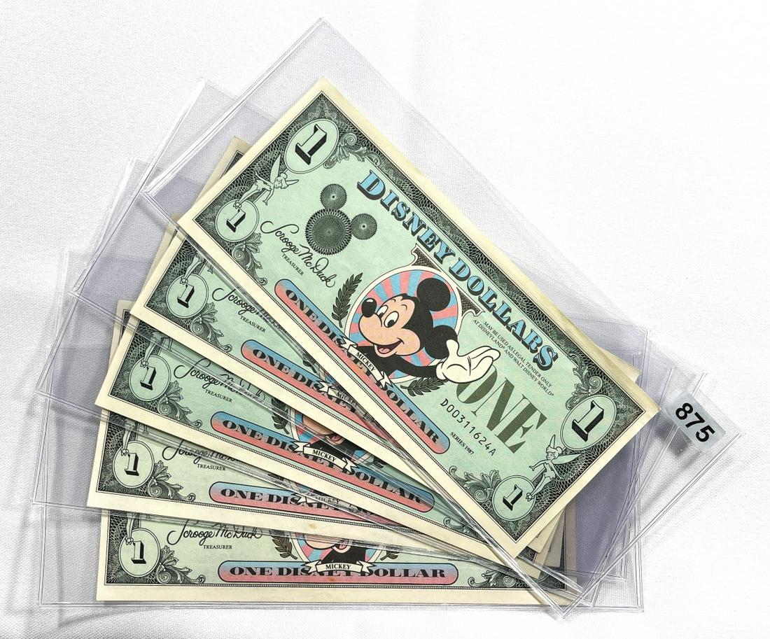 (5) 1987-1994 $1 Disney Dollars UNC- (1 of 2)