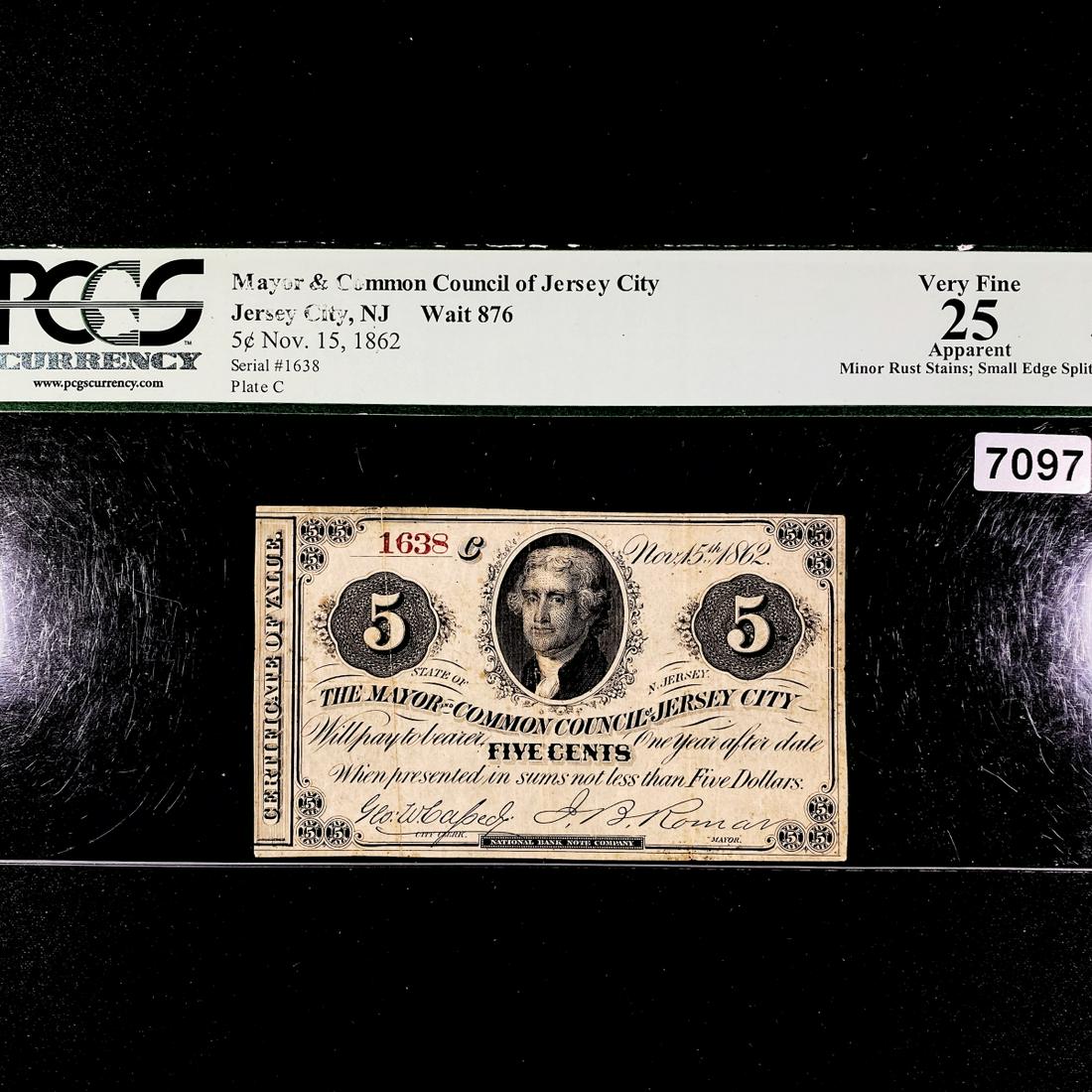 1862 5c Jersey City NJ Mayor and Common PCGS-25VF: 1862 5c Jersey City NJ Mayor and Common PCGS-25VF