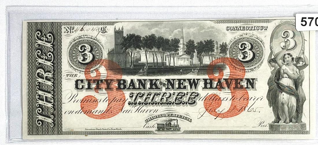 1865 $3 Dollars New Haven Connecticut UNC: 1865 $3 Dollars New Haven Connecticut UNC