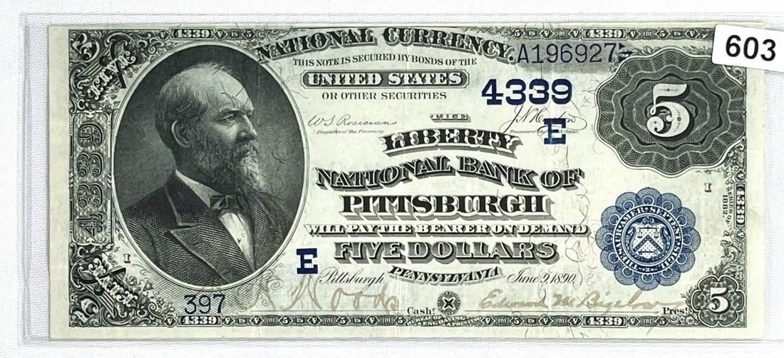 1890 $5 Pittsburgh, PA National Bank Note NEAR UNC (1 of 2)