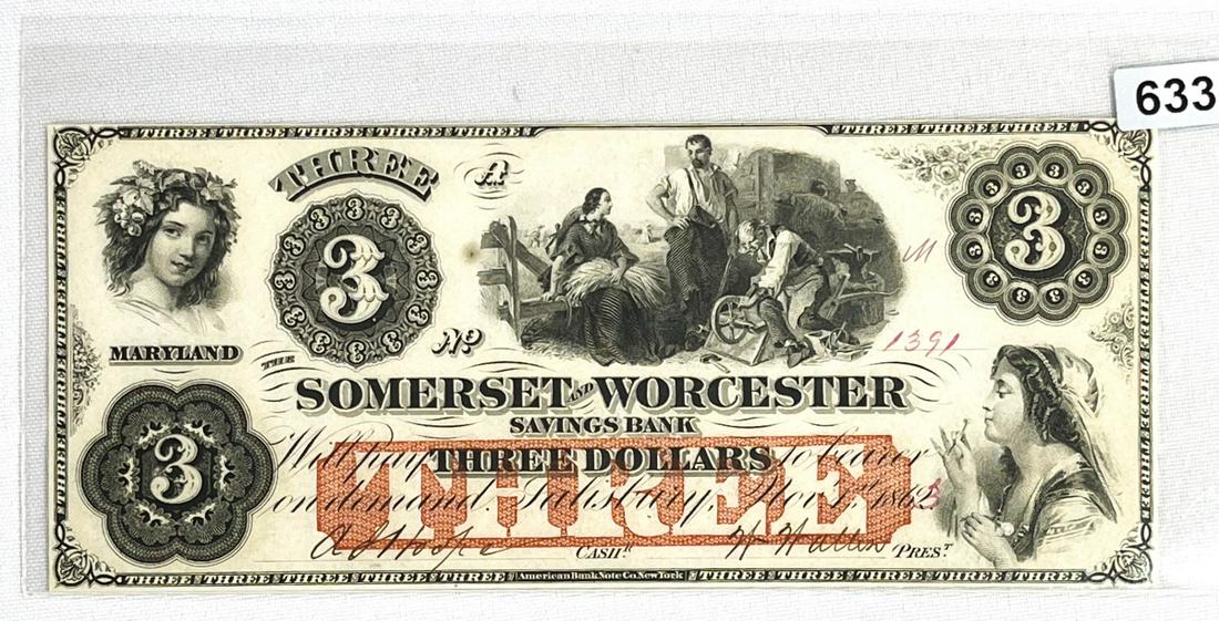 1862 $3 Dollar Somerset & Worcester Bank MD Note (1 of 2)