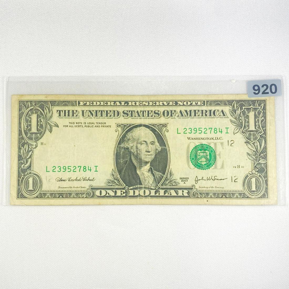 2003 ERROR $1 Print Missing Fed Reserve Note - (1 of 2)
