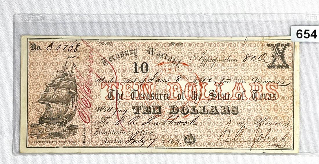 1862 $10 Texas Treasury Note (1 of 2)