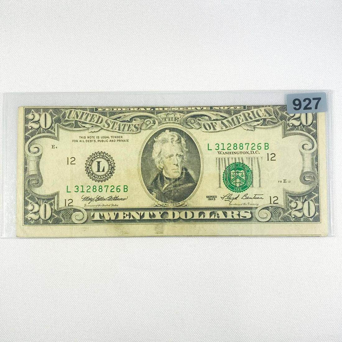 1993 ERROR Misaligned Face $20 Fed Reserve Note - (1 of 2)