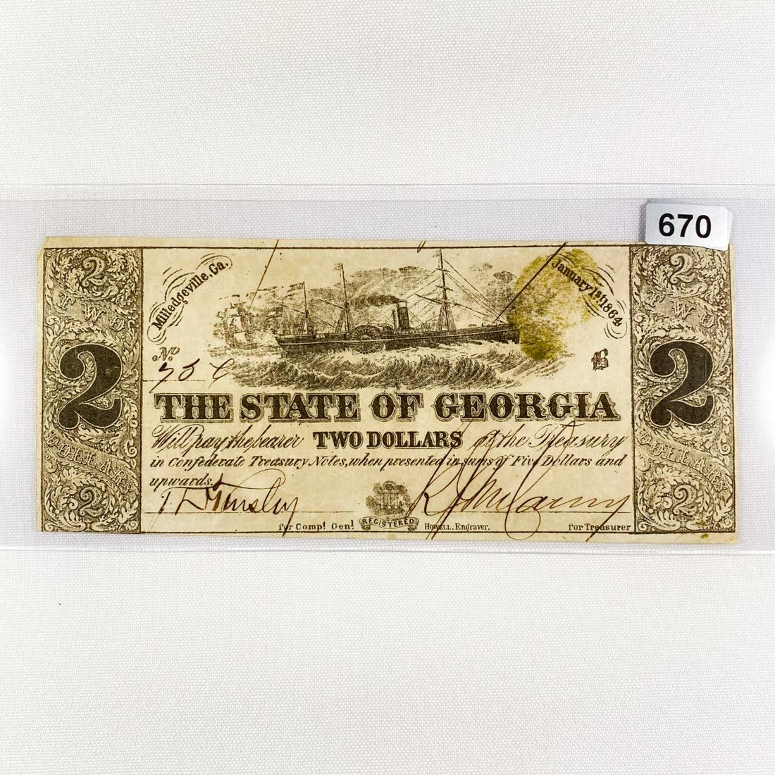 1864 $2 State of Georgia Confederate Note (1 of 2)