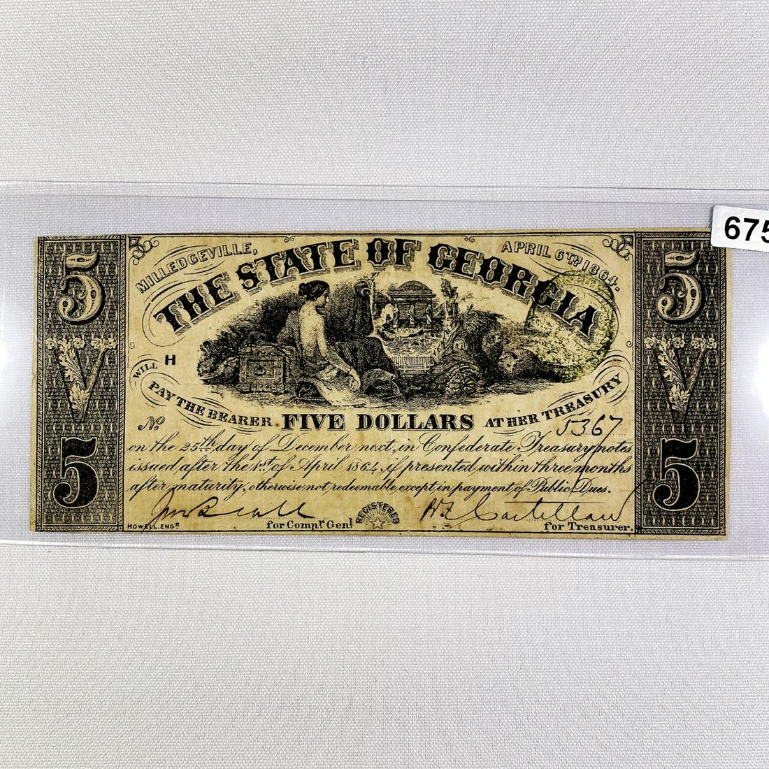1864 $5 State of Georgia Confederate Note (1 of 2)