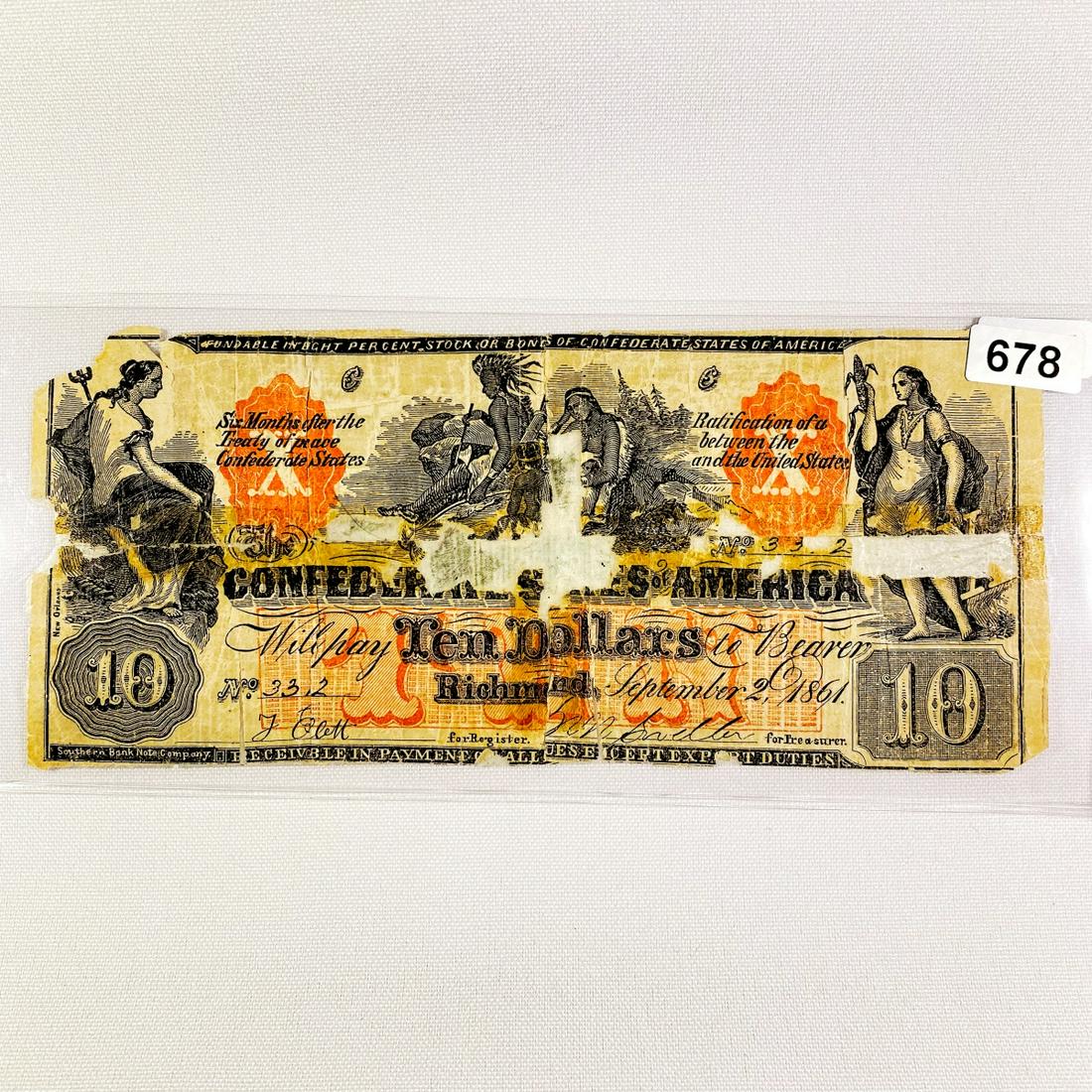 1864 Series $10 Confederate States Note (1 of 2)