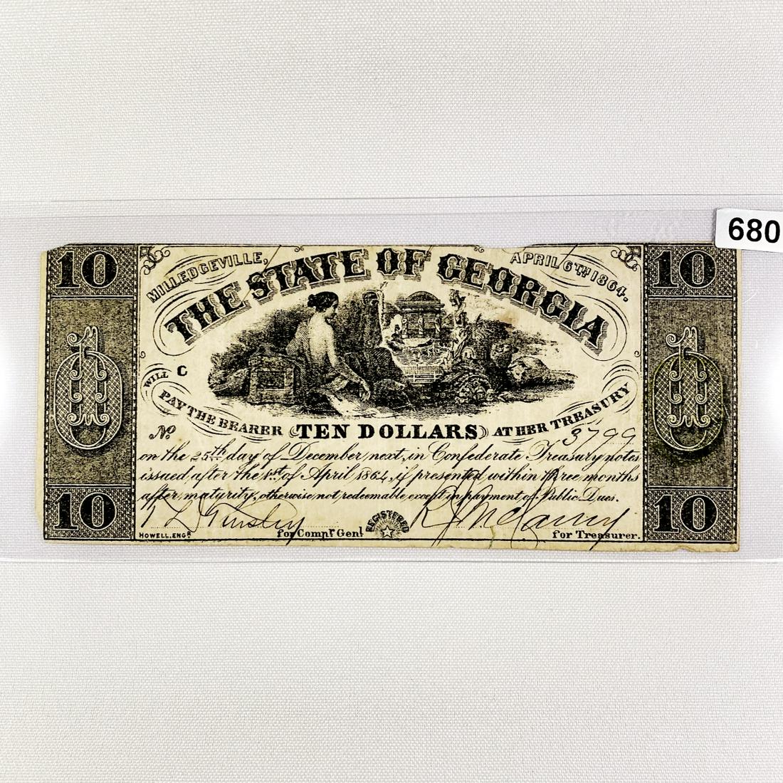 1864 Series $10 State of Georgia Confederate Note (1 of 2)