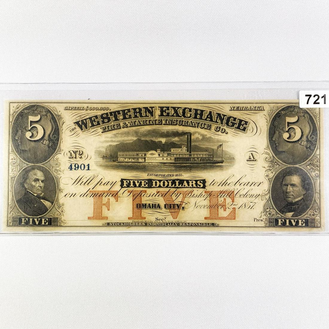 1857 $5 Western Exchange Omaha City, NE Note (1 of 2)