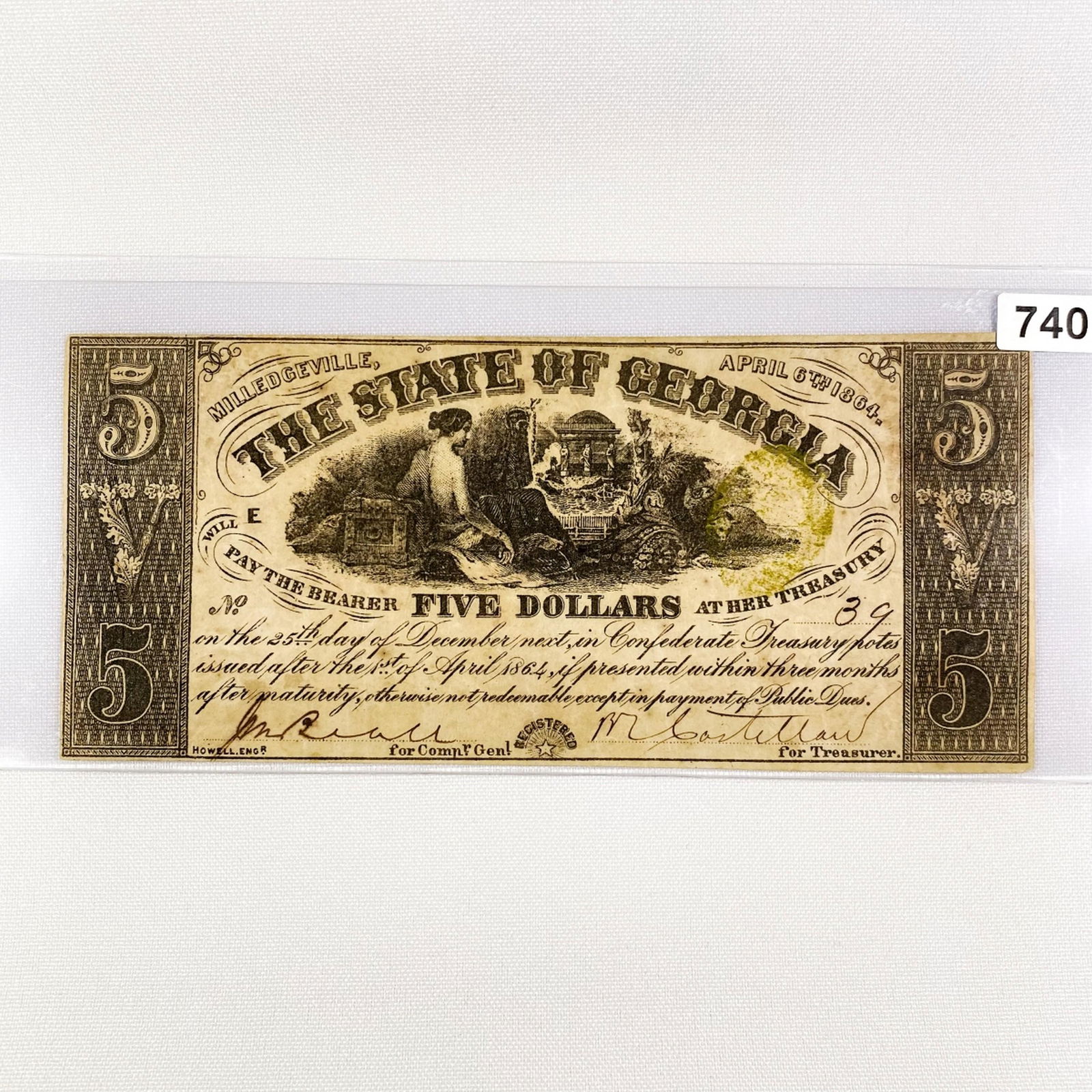 1864 $5 State of Georgia Confederate Note (1 of 2)