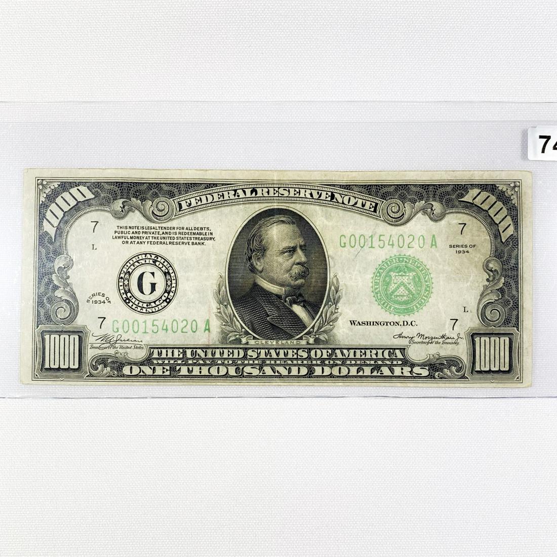 1934 $1000 One Thousand Dollars Fed Reserve Note (1 of 2)