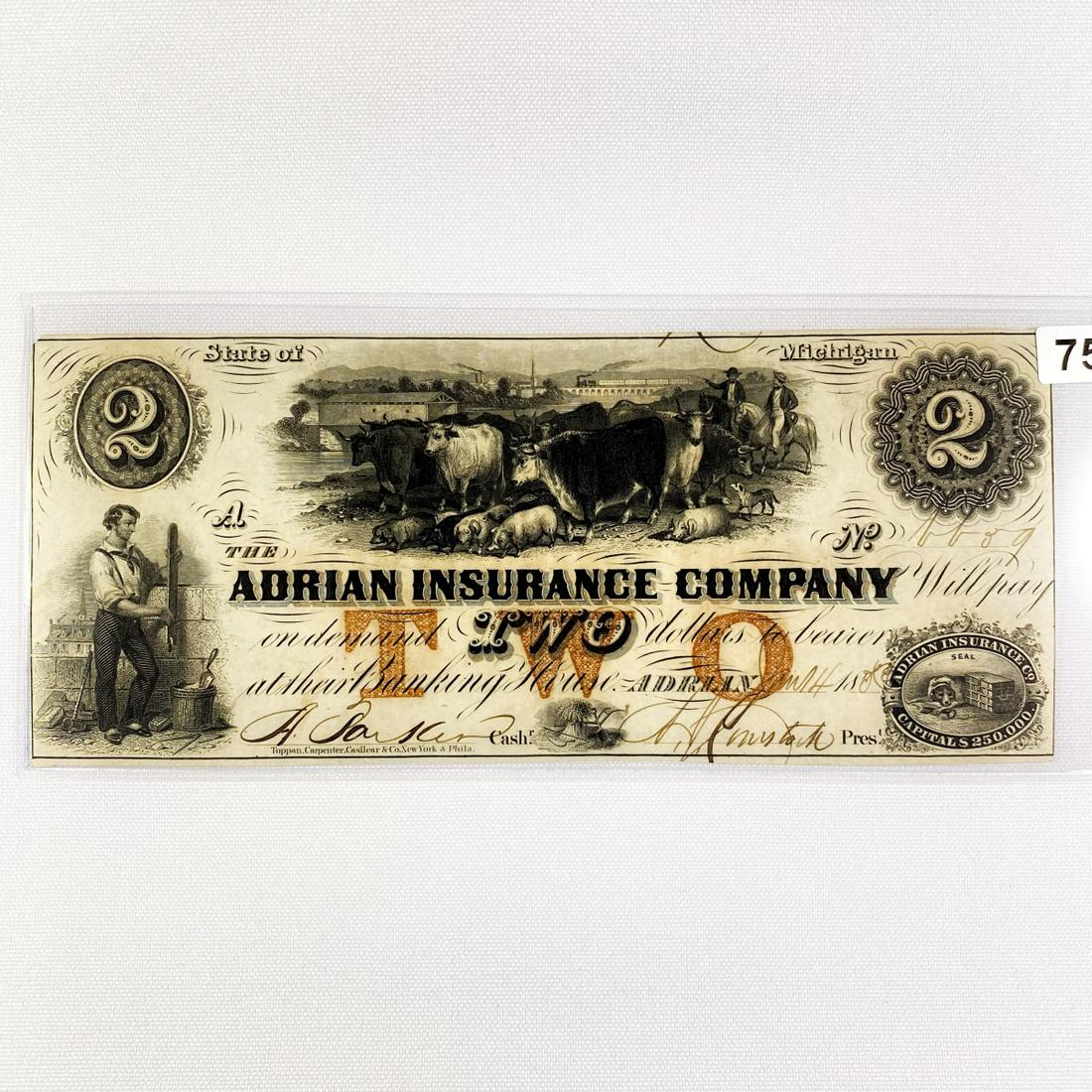 1800's $2 Adrian Insurance CO. MI Note: 1800's $2 Adrian Insurance CO. MI Note