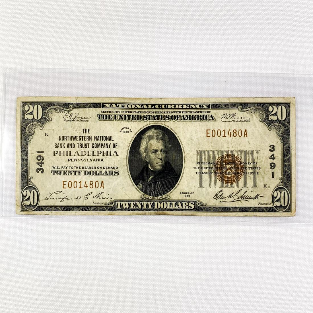 1929 $20 Philadelphia Bank, PA National Bank Note (1 of 2)