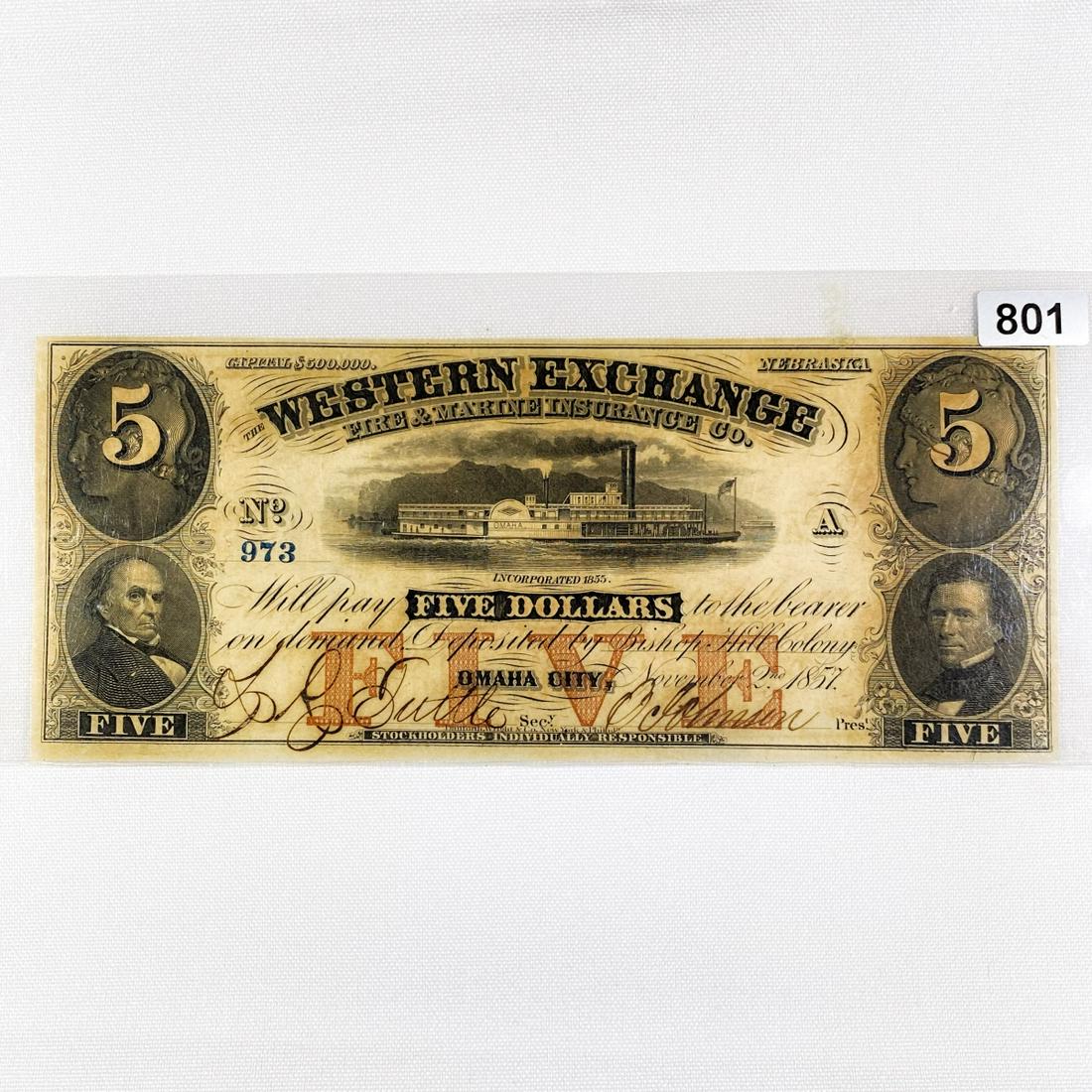 1855 $5 Western Exchange, NE Note: 1855 $5 Western Exchange, NE Note