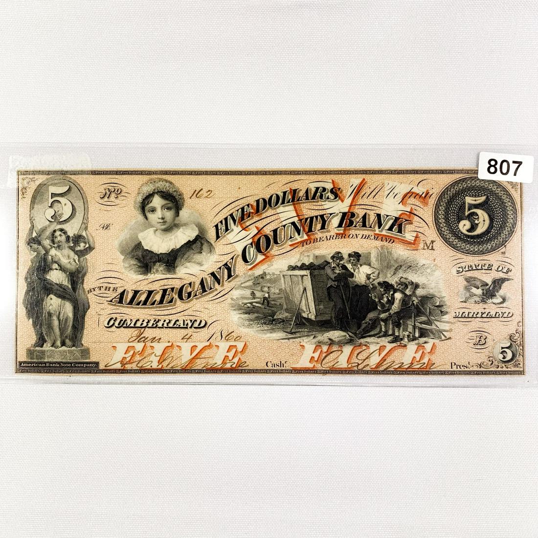 1860 $5 Allegany County Bank Note (1 of 2)