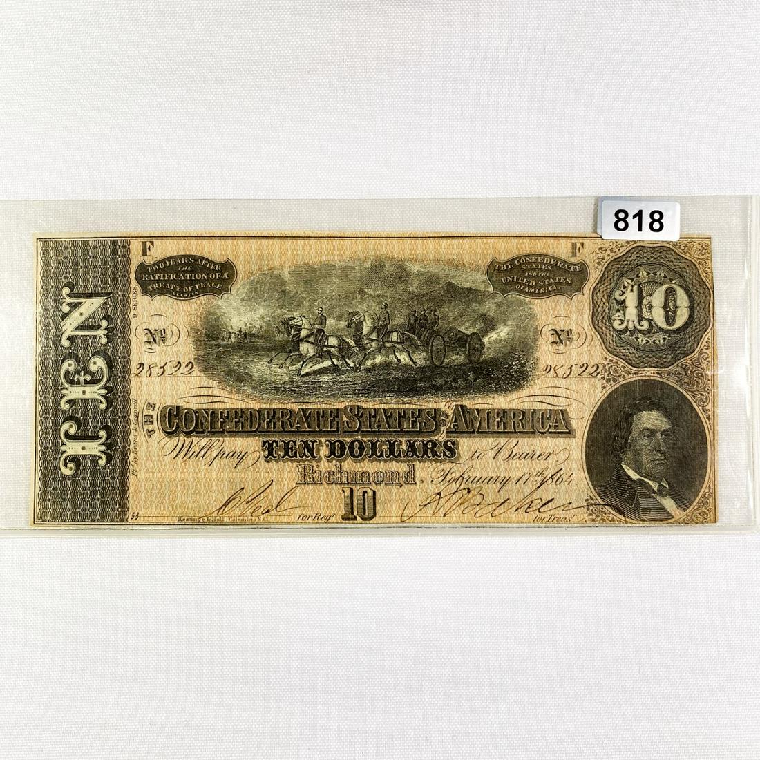 1864 Series $10 Confederate States Note (1 of 2)