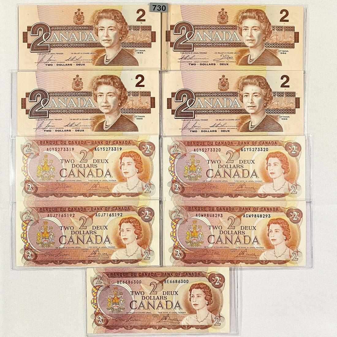 (9)1974-86 Queen Elizabeth $2 Notes UNC (1 of 2)