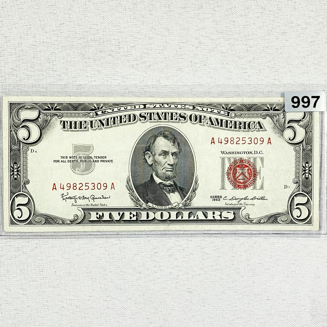 1963 $5 Fed Reserve Note -UNC (1 of 2)
