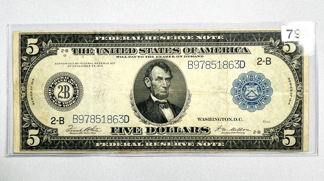 1913 LG $5 Federal Reserve Note CLOSELY UNC (1 of 2)