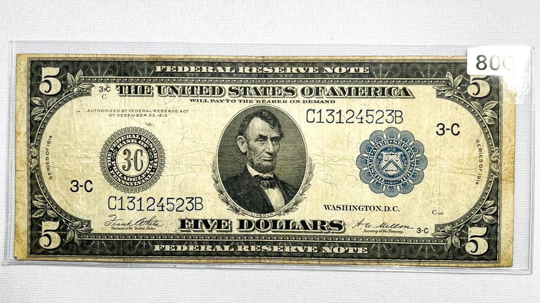 1914 LG $5 Federal Reserve Note NEARLY UNC (1 of 2)