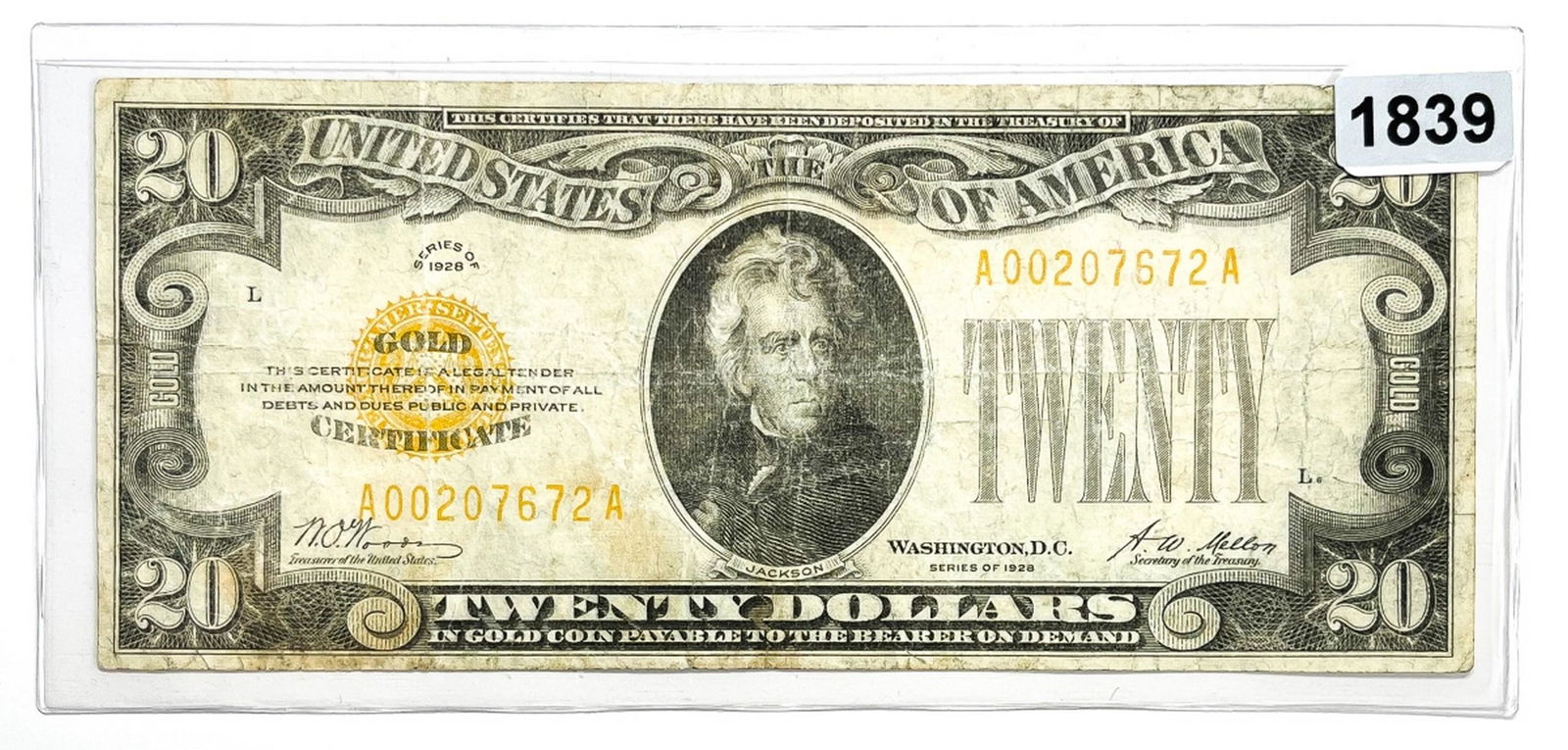 1928 $20 Twenty Dollar Gold Certificate - (1 of 2)