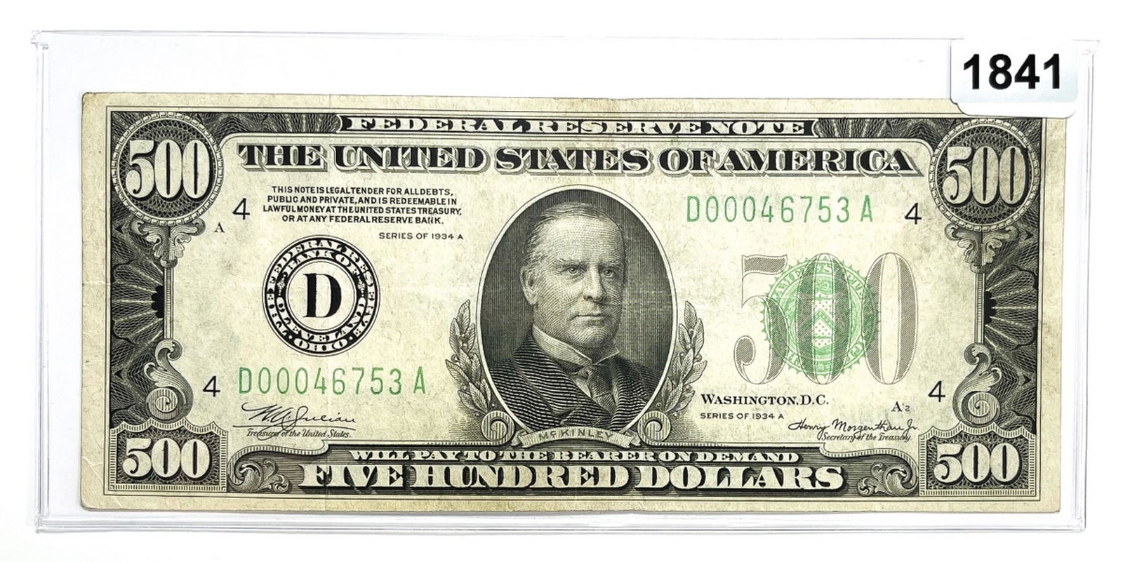 1934-A $500 Five Hundred Dollars Fed. Reserve Note (1 of 2)