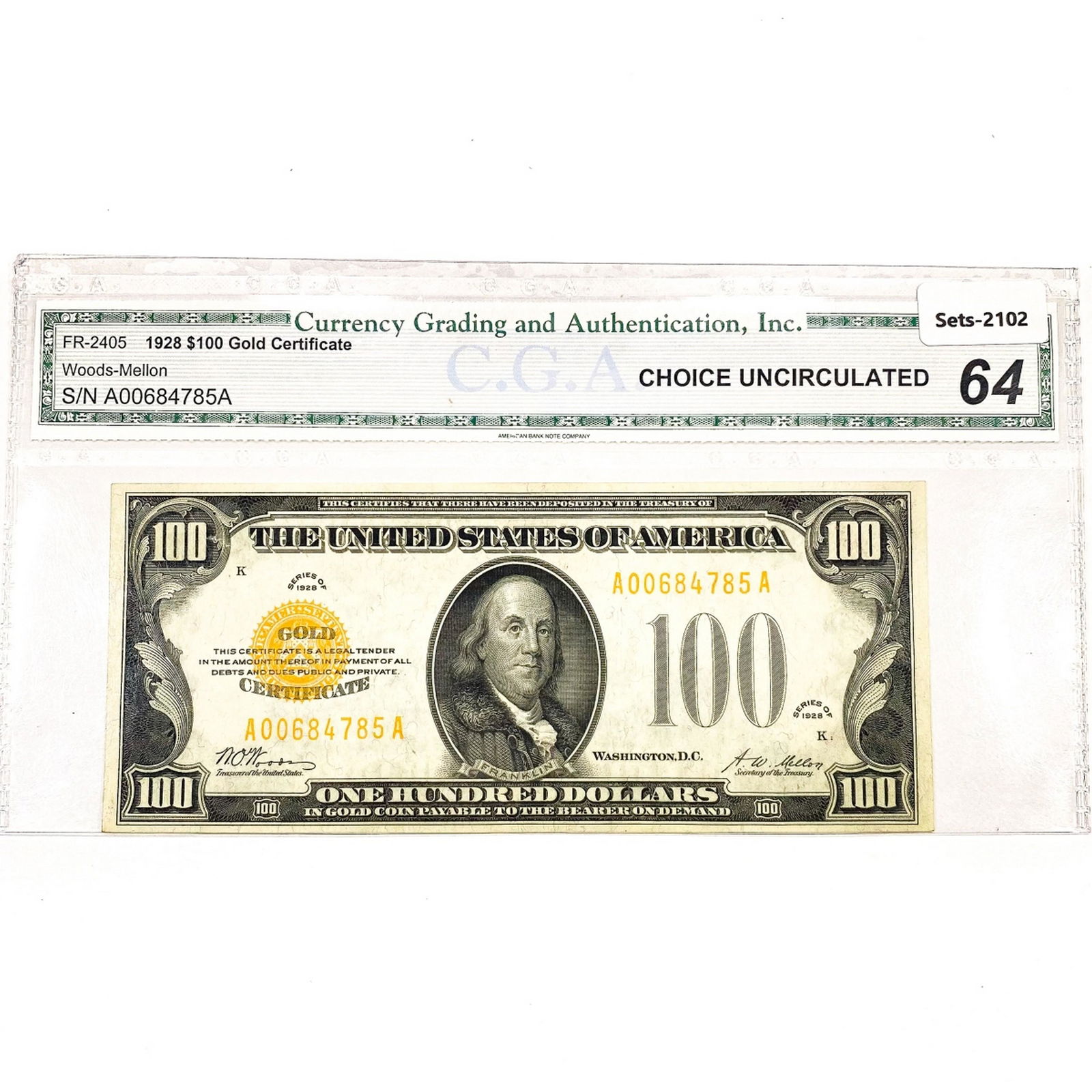 1928 $100 One Hundred Dollar Gold Cert. CGA Ch UN (1 of 2)