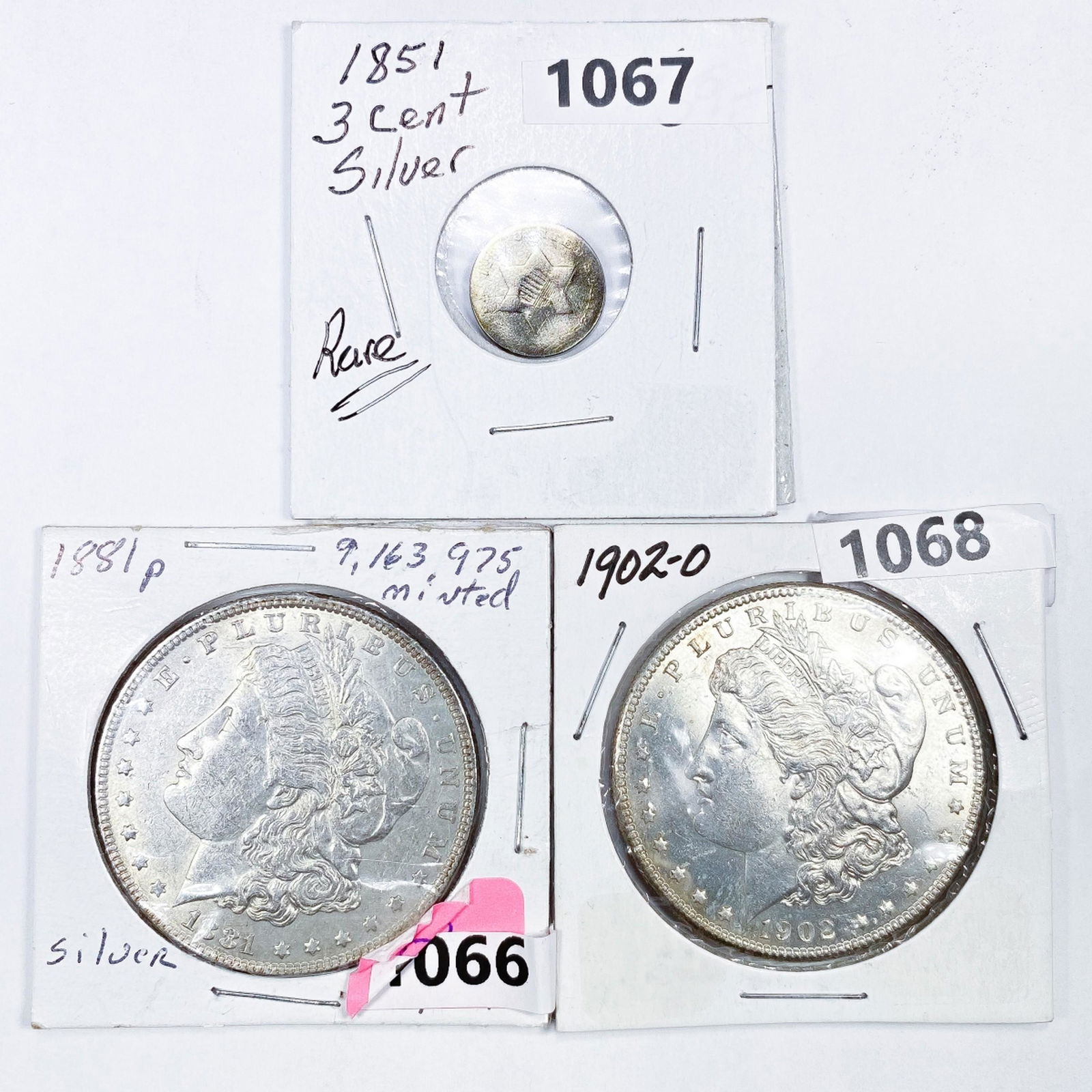(2) Morgan Silver Dollars and (1) Three Cent Silve (1 of 2)
