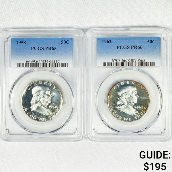1958, 1962 Set (2) Franklin Half Dollar PCGS PR (1 of 2)