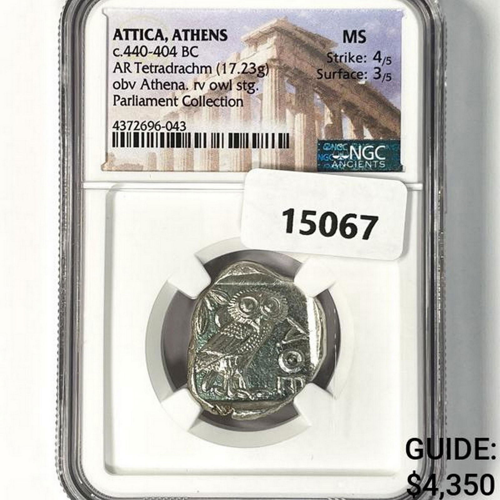 c.440-404 BC Attica, Athens AR Tetradrachm NGC-MS (1 of 2)