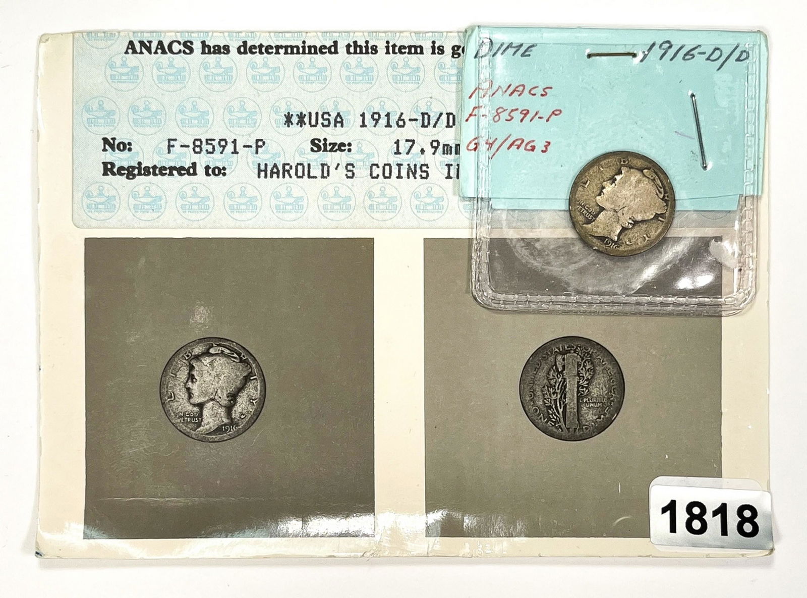 1916-D/D Mercury Silver Dime ANACS-G4/AG3 (1 of 2)