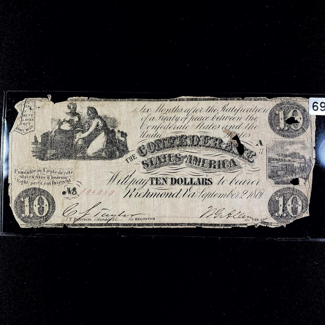 1861 Series $10 Dollar Confederate States Note (1 of 2)