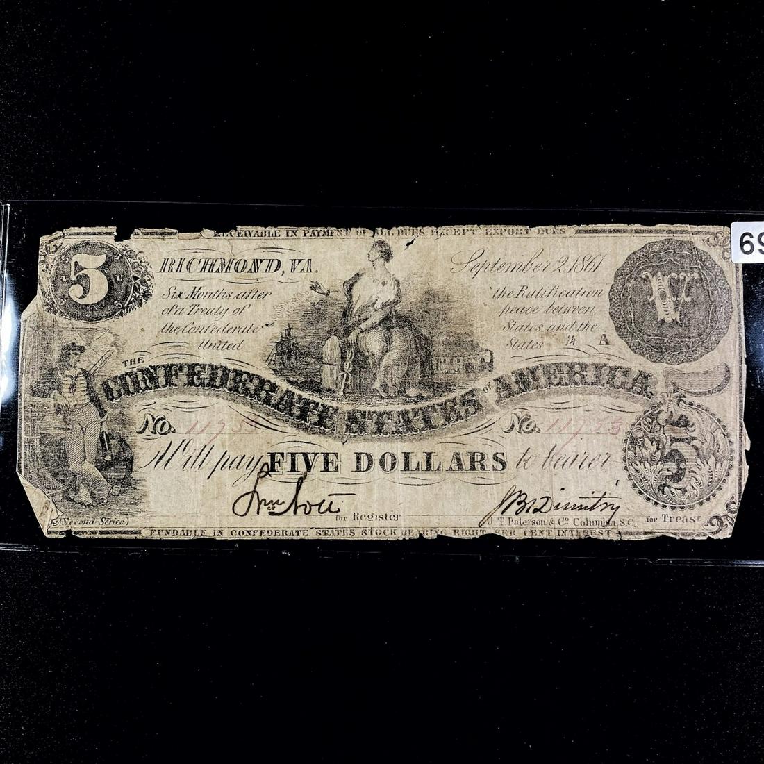 1861 Series $5 Dollar Confederate States Note (1 of 2)