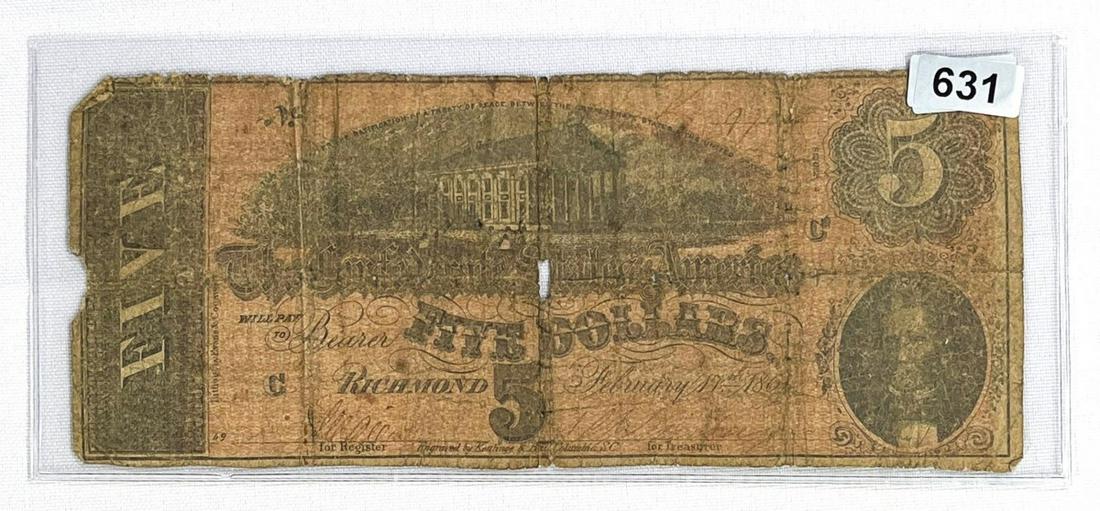 1864 $5 Dollar Confederate States Note (1 of 2)
