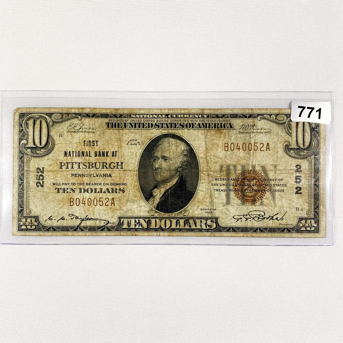 1929 $10 Pittsburgh Bank, PA National Bank Note (1 of 2)