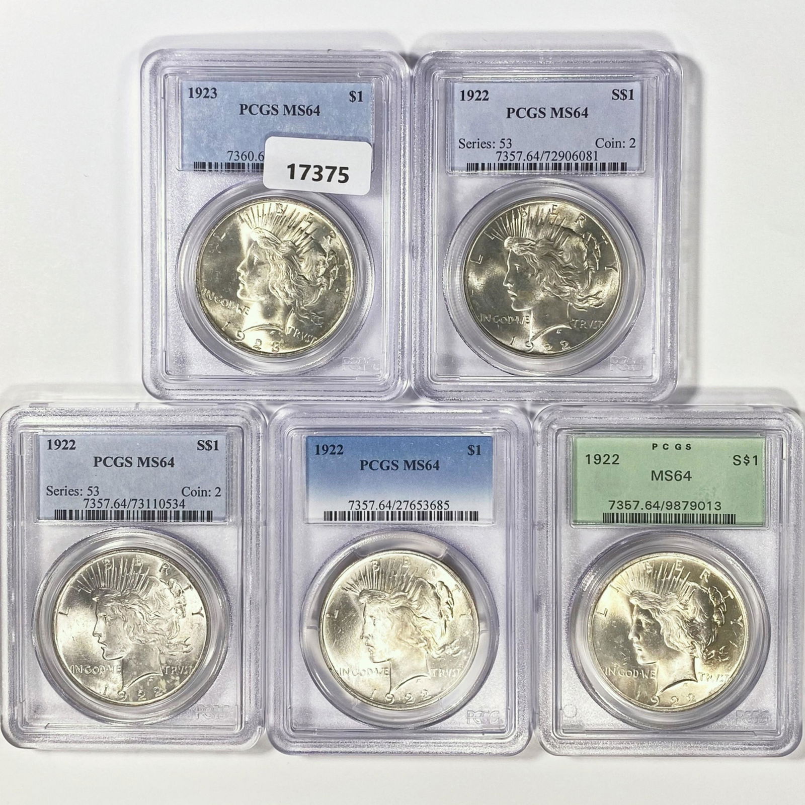 1922-1923 Set (5) Silver Peace Dollar PCGS MS64 (1 of 2)