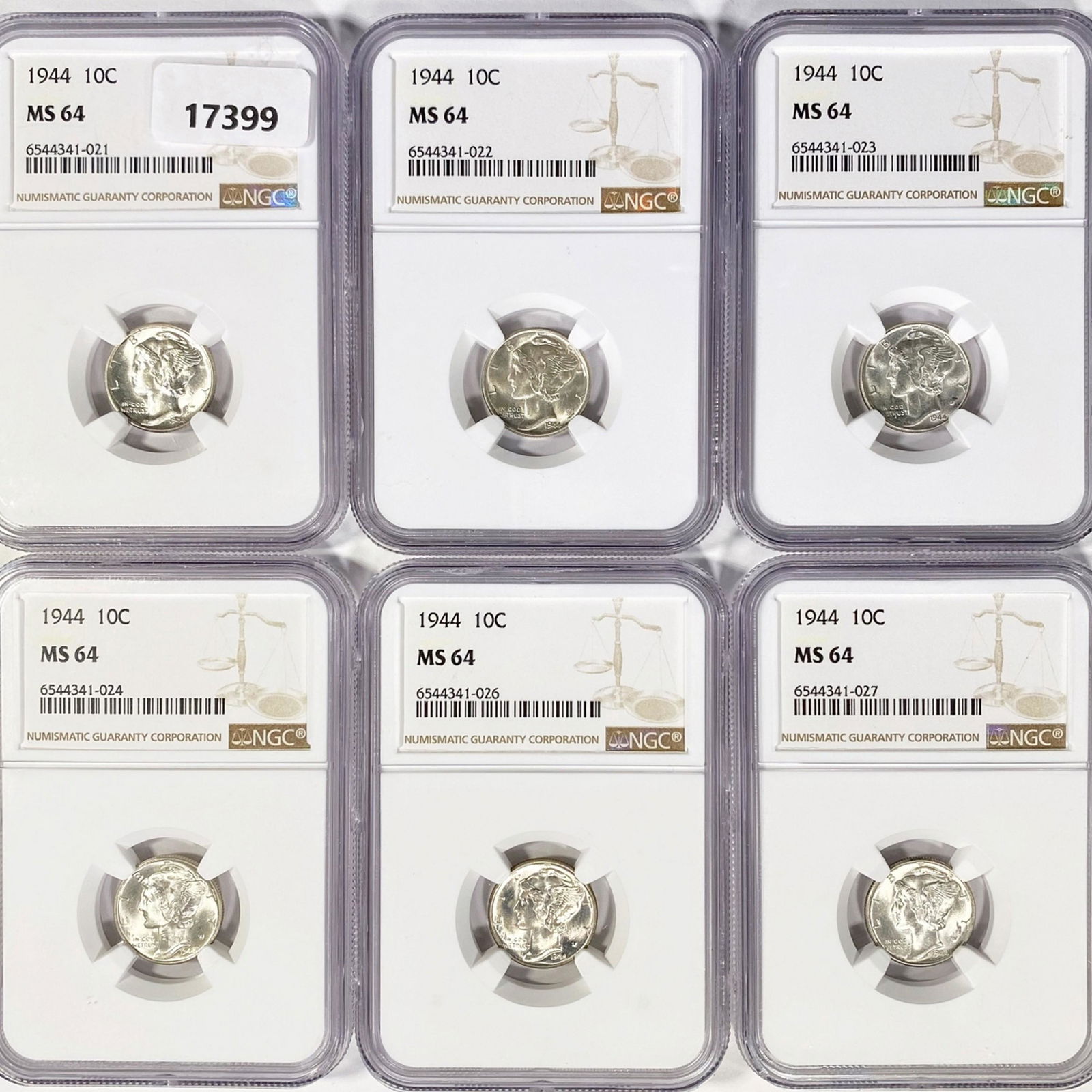 1944 Set (6) Mercury Silver Dime NGC MS64 (1 of 2)