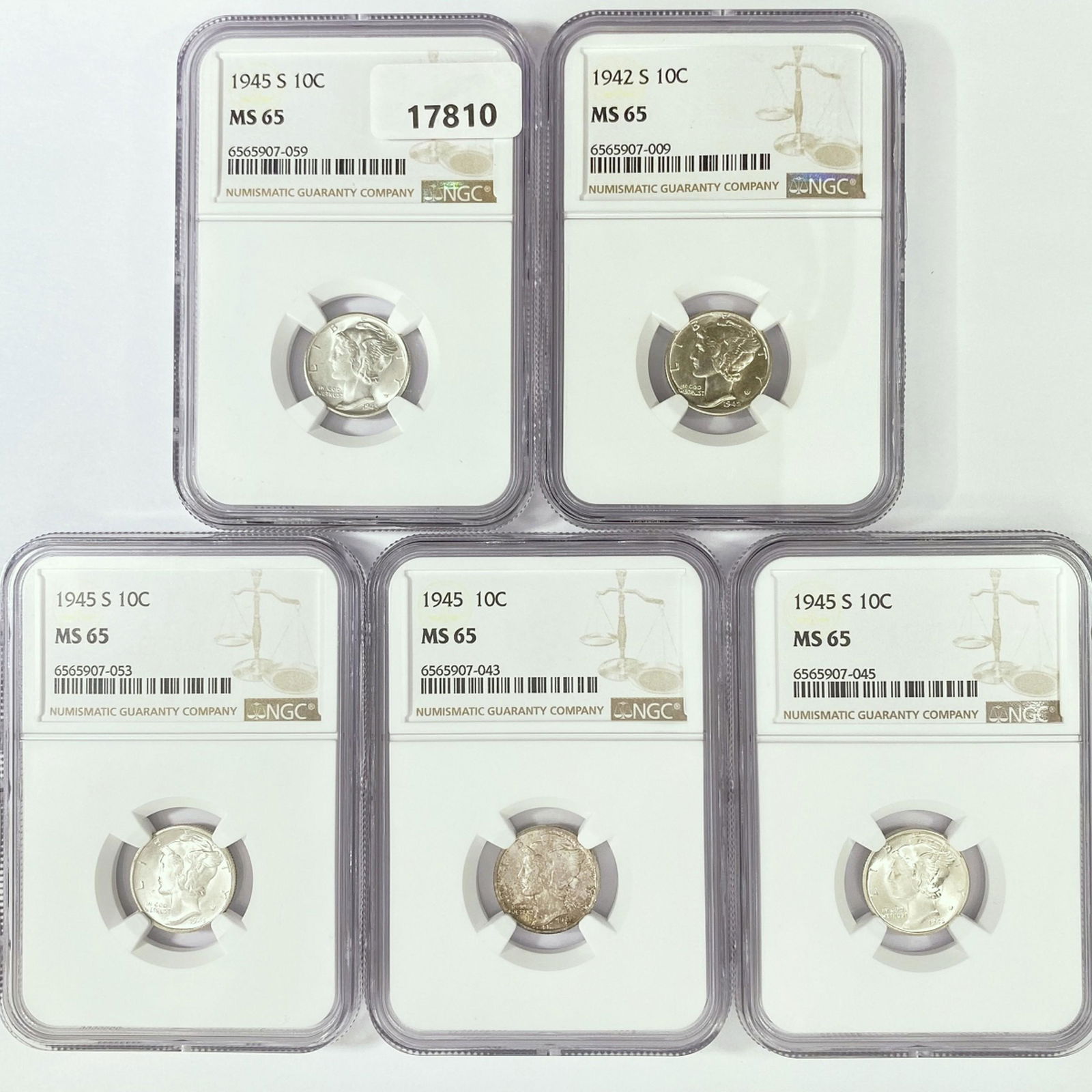 1945-S (4), 1942-S (1) Set Mercury Silver Dime NGC (1 of 2)