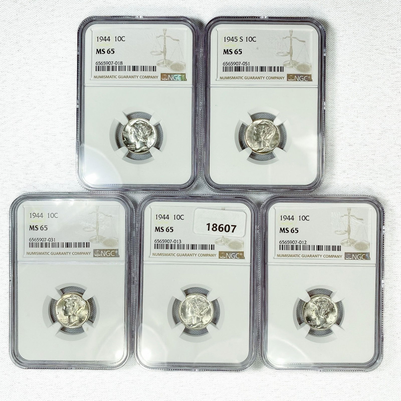 1944 (4), 1945-S (1) Mercury Silver Dime NGC MS65 (1 of 2)