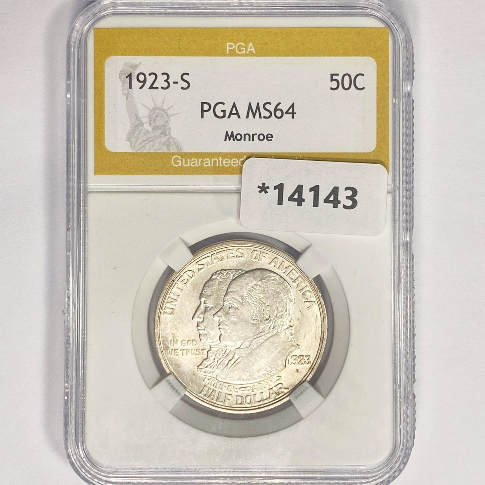 1923-S Monroe Half Dollar PGA MS64: 1923-S Monroe Half Dollar PGA MS64