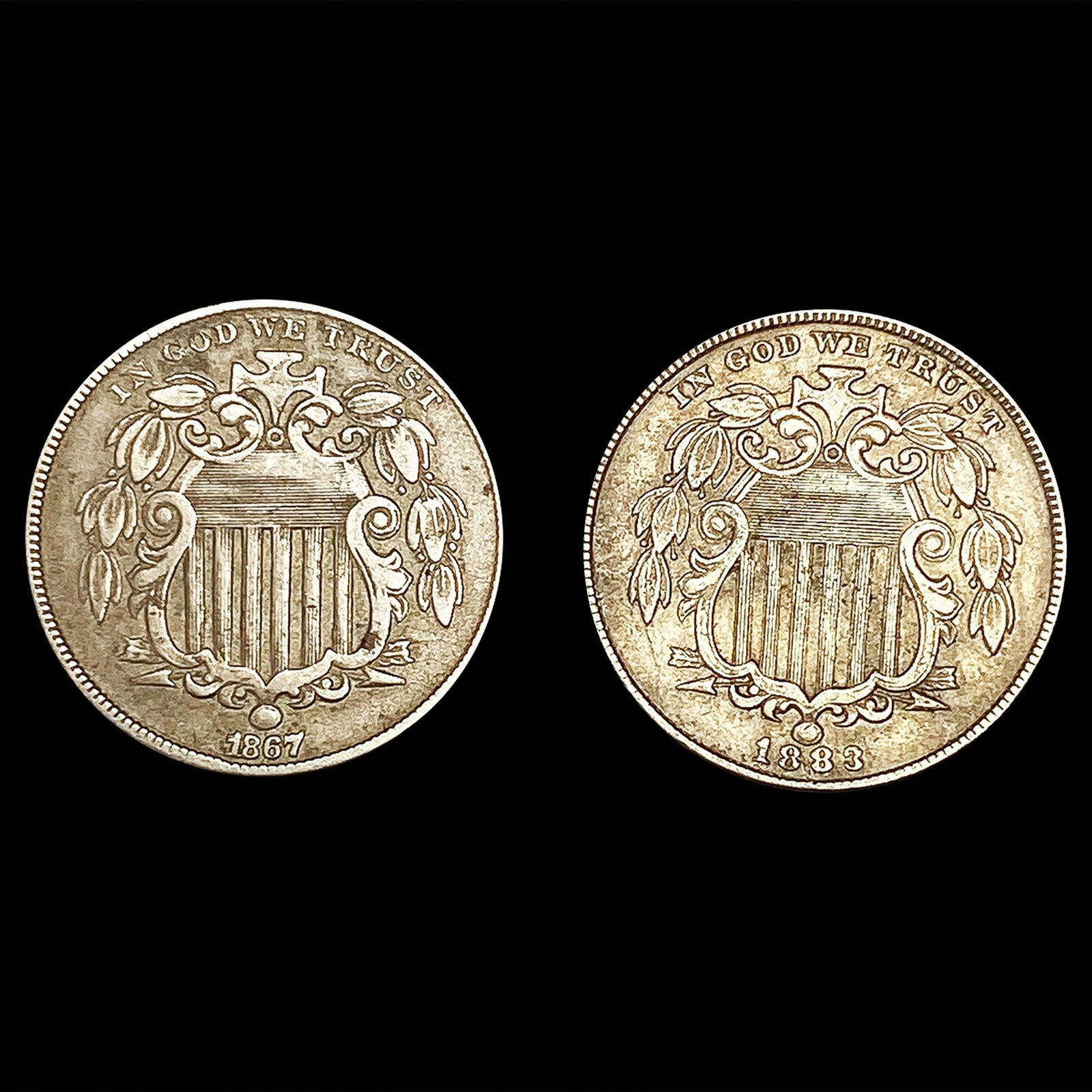 (2) Shield Nickels (1867, 1883) NICELY CIRCULATED (1 of 2)
