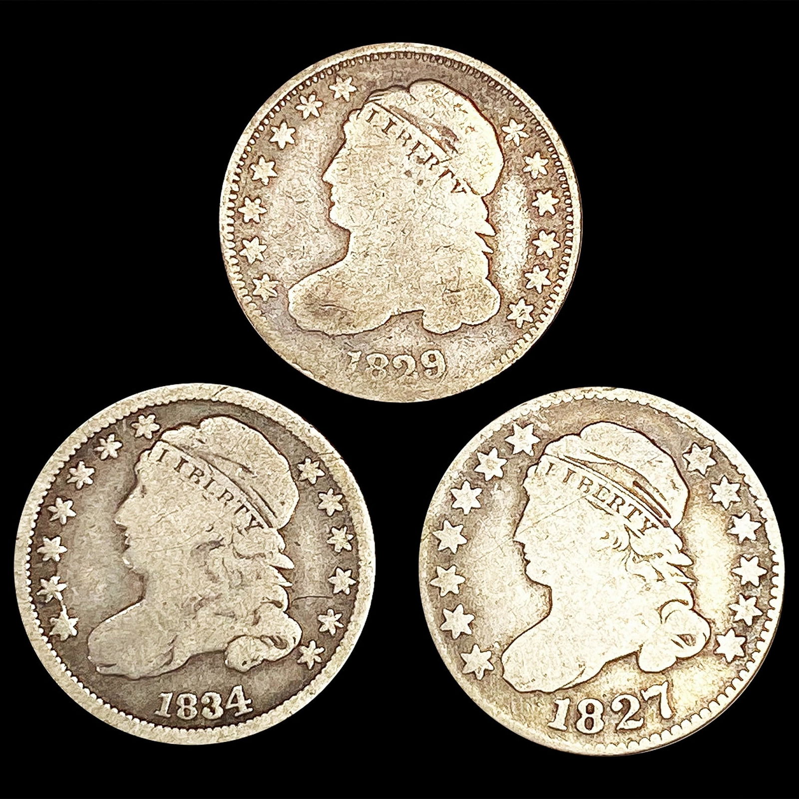 (3) Cap Bust Dimes (1827, 1829, 1834) NICELY CIRC (1 of 2)